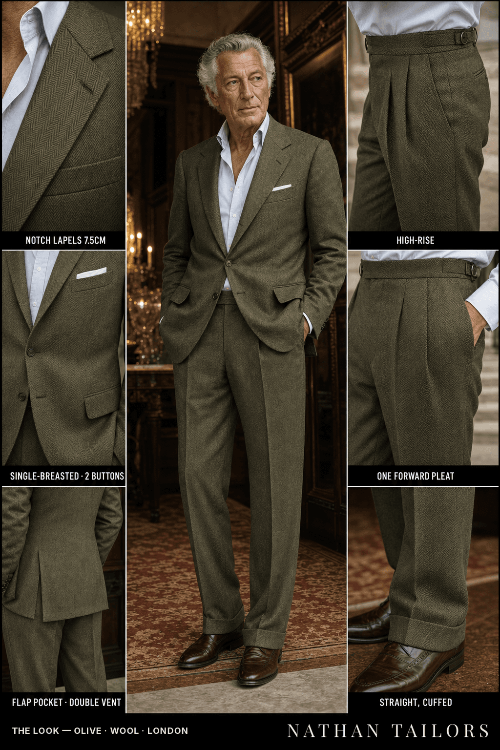 olive herringbone single-breasted bespoke suit — custom tailored by Nathan Tailors, the Hoi An custom tailor