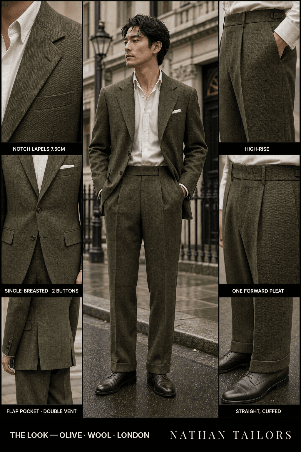 olive herringbone single-breasted notch-lapel bespoke suit — AI-rendered by Nathan Tailors, the Hoi An custom tailor. Available as a custom tailored suit from $149.