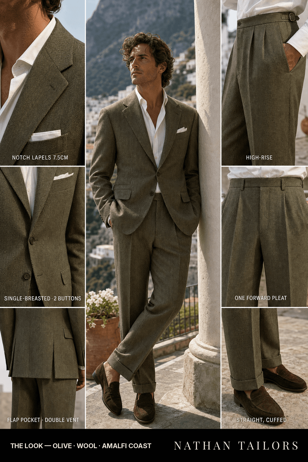 olive herringbone single-breasted bespoke suit — custom tailored by Nathan Tailors, the Hoi An custom tailor