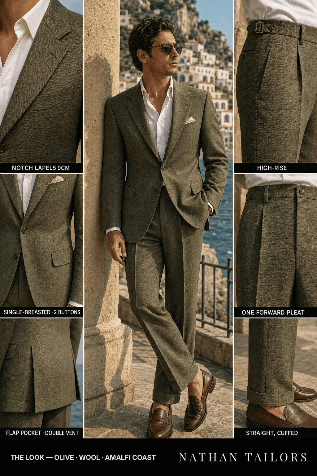olive herringbone single-breasted bespoke suit — custom tailored by Nathan Tailors, the Hoi An custom tailor