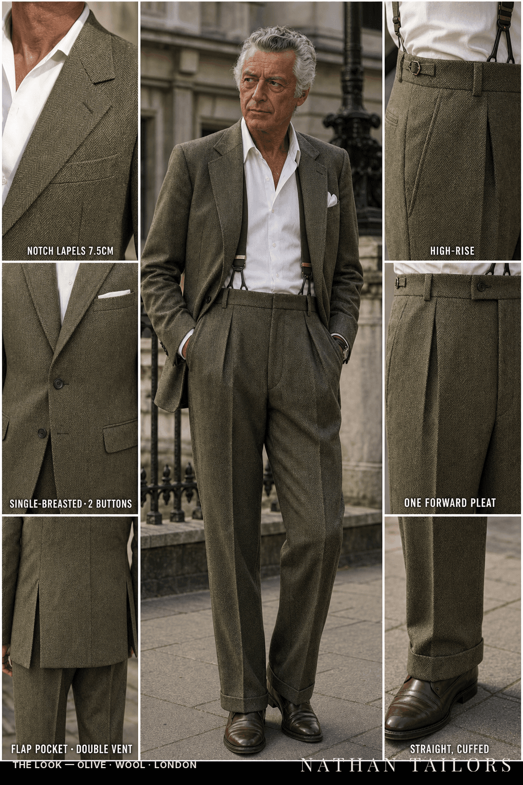 olive herringbone single-breasted bespoke suit — custom tailored by Nathan Tailors, the Hoi An custom tailor