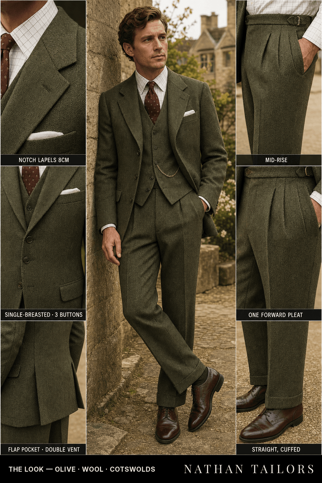 olive herringbone single-breasted notch-lapel bespoke suit — AI-rendered by Nathan Tailors, the Hoi An custom tailor. Available as a custom tailored suit from $149.