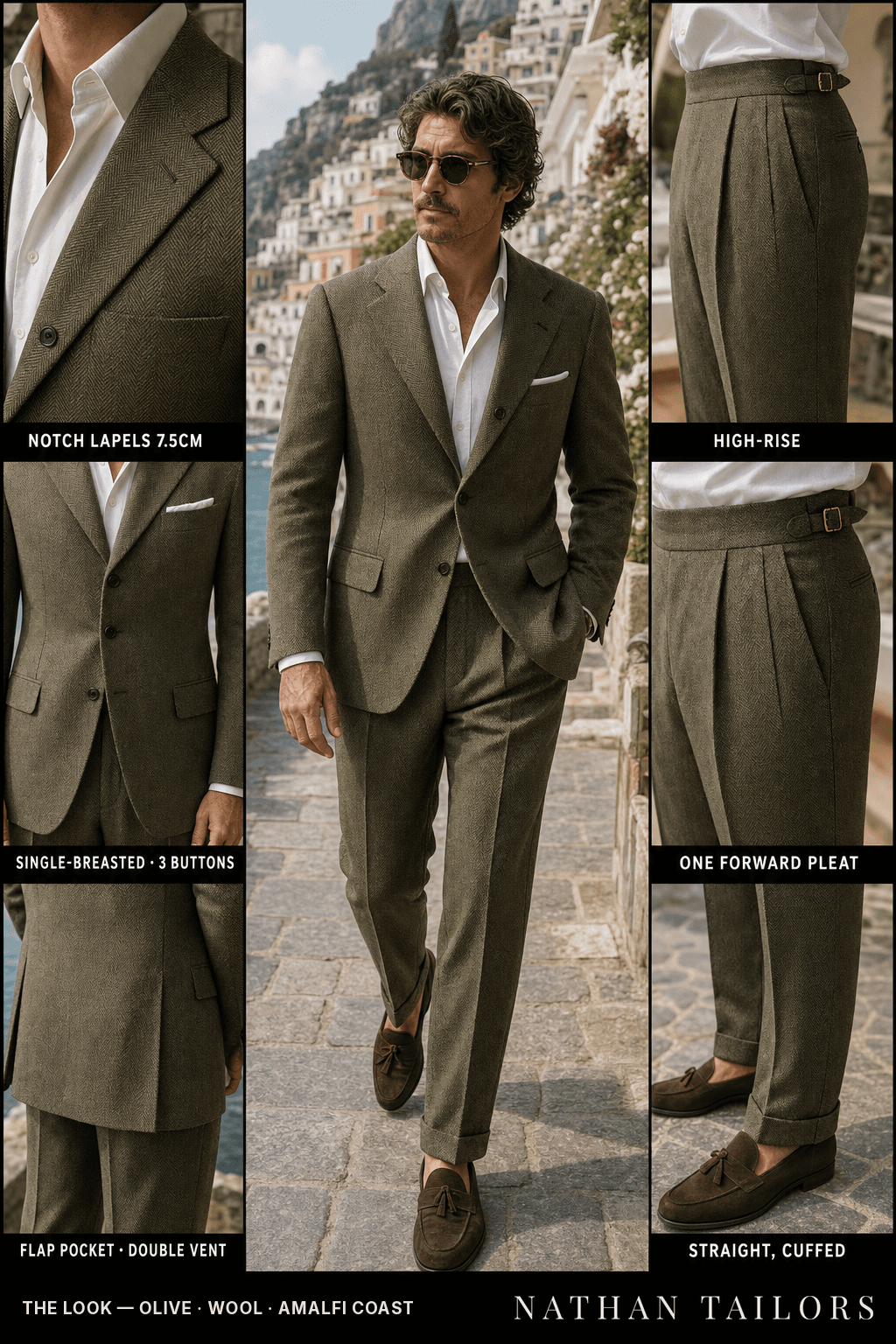 olive herringbone single-breasted notch-lapel bespoke suit — AI-rendered by Nathan Tailors, the Hoi An custom tailor. Available as a custom tailored suit from $149.