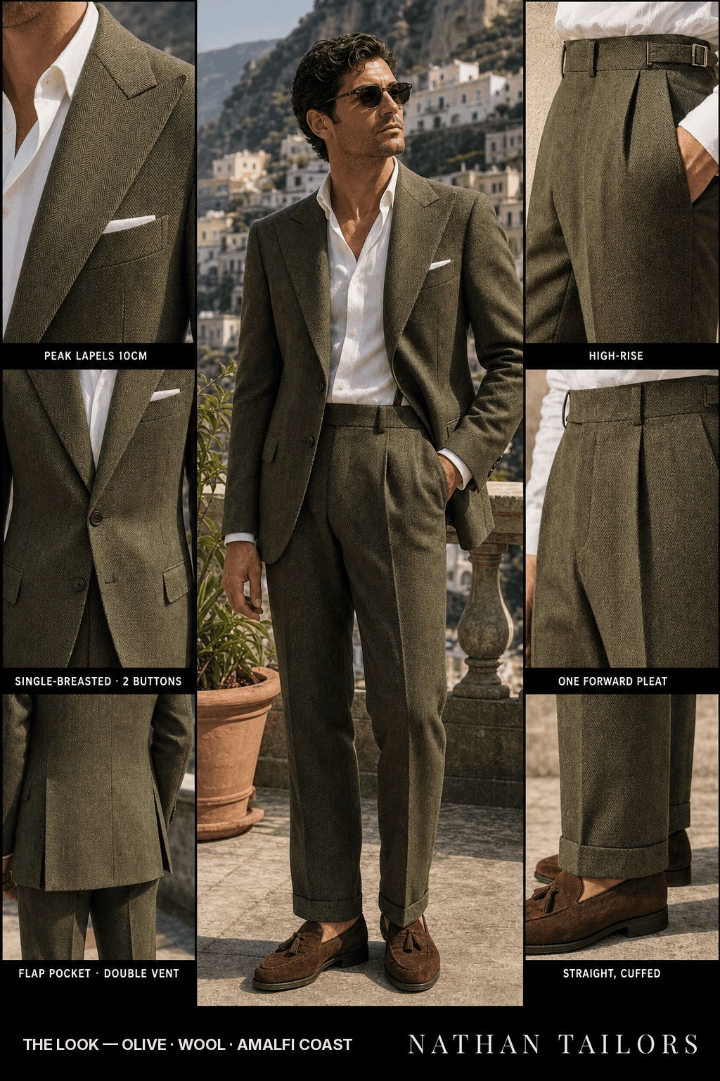 olive herringbone single-breasted peak-lapel bespoke suit — AI-rendered by Nathan Tailors, the Hoi An custom tailor. Available as a custom tailored suit from $149.