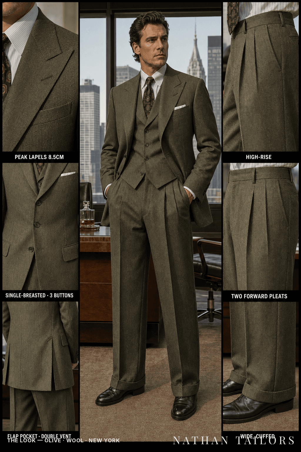 olive herringbone single-breasted bespoke suit — custom tailored by Nathan Tailors, the Hoi An custom tailor