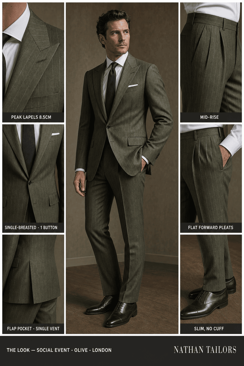 olive pinstripe single-breasted peak-lapel bespoke suit — AI-rendered by Nathan Tailors, the Hoi An custom tailor. Available as a custom tailored suit from $129.
