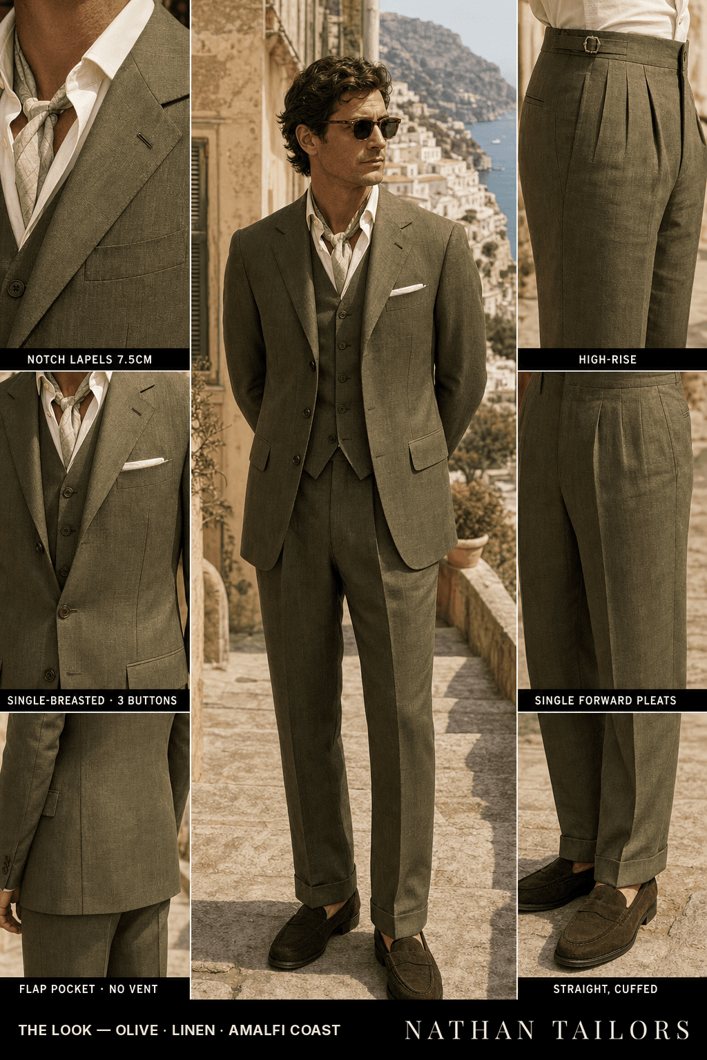 olive single-breasted bespoke suit — custom tailored by Nathan Tailors, the Hoi An custom tailor