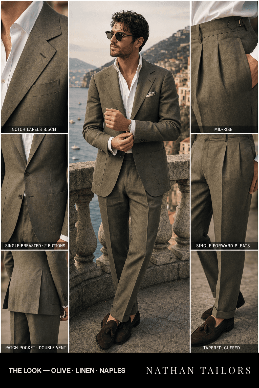 olive single-breasted bespoke suit — custom tailored by Nathan Tailors, the Hoi An custom tailor