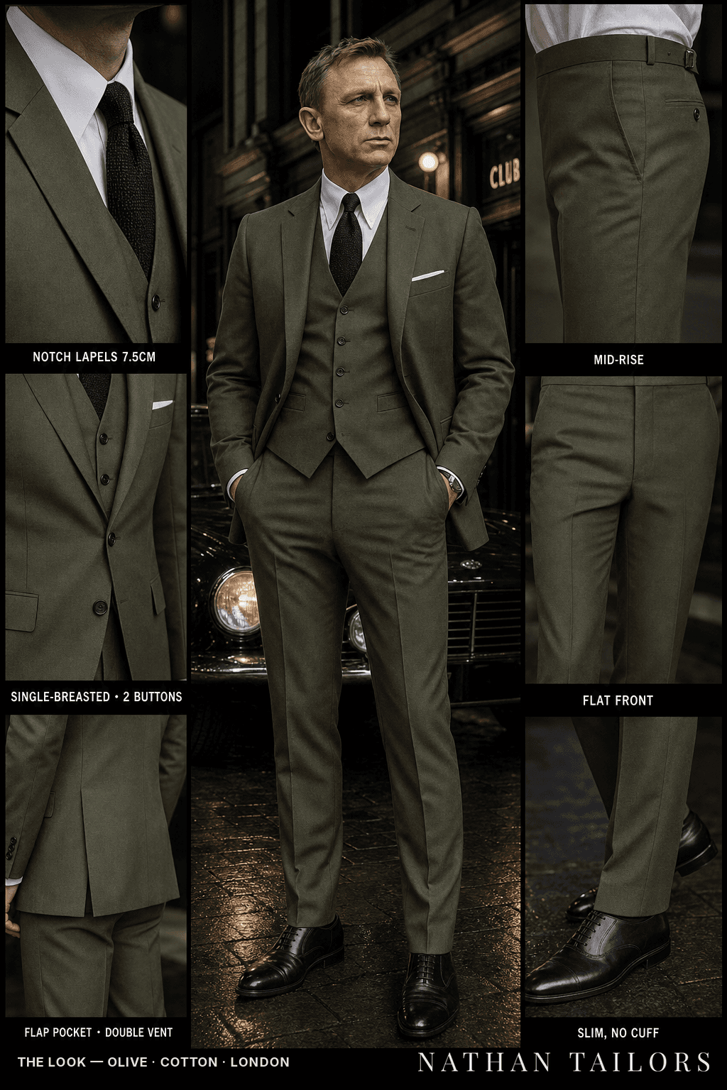 olive single-breasted bespoke suit — custom tailored by Nathan Tailors, the Hoi An custom tailor