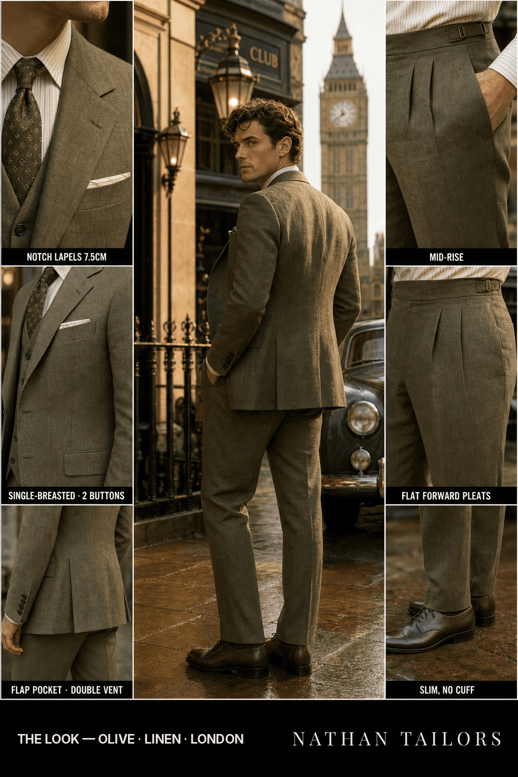 olive single-breasted notch-lapel bespoke suit — AI-rendered by Nathan Tailors, the Hoi An custom tailor. Available as a custom tailored suit from $149.