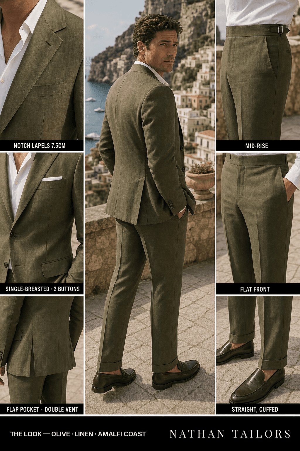 olive single-breasted bespoke suit — custom tailored by Nathan Tailors, the Hoi An custom tailor