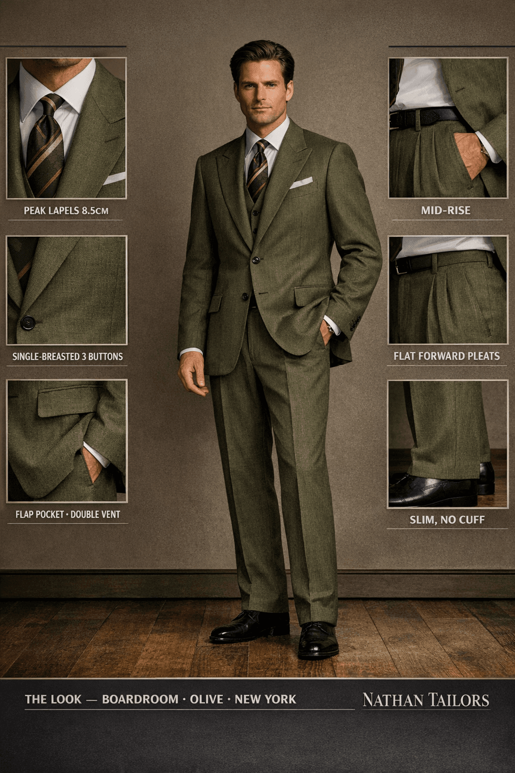 olive single-breasted peak-lapel bespoke suit — AI-rendered by Nathan Tailors, the Hoi An custom tailor. Available as a custom tailored suit from $129.