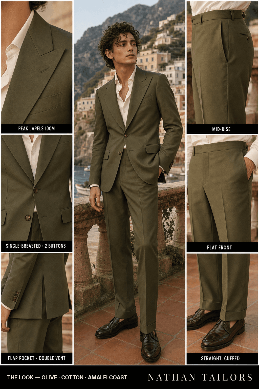 olive single-breasted bespoke suit — custom tailored by Nathan Tailors, the Hoi An custom tailor