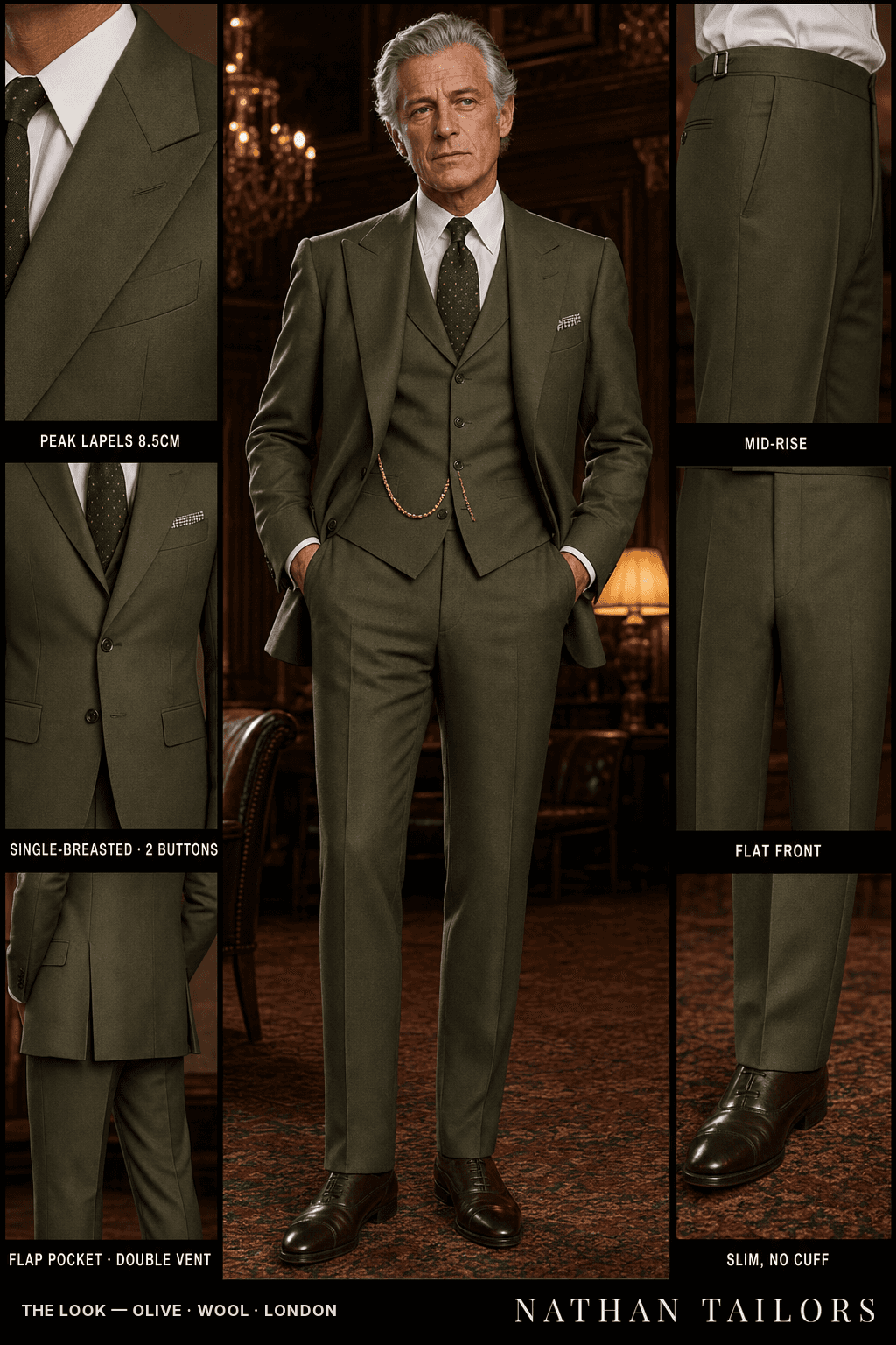 olive single-breasted peak-lapel bespoke suit — AI-rendered by Nathan Tailors, the Hoi An custom tailor. Available as a custom tailored suit from $149.