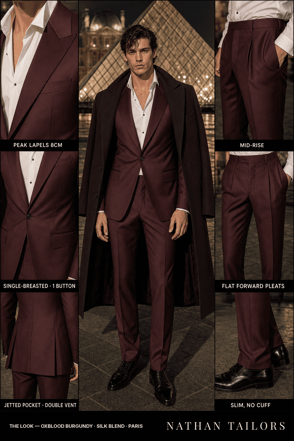 oxblood burgundy single-breasted peak-lapel bespoke suit — AI-rendered by Nathan Tailors, the Hoi An custom tailor. Available as a custom tailored suit from $149.