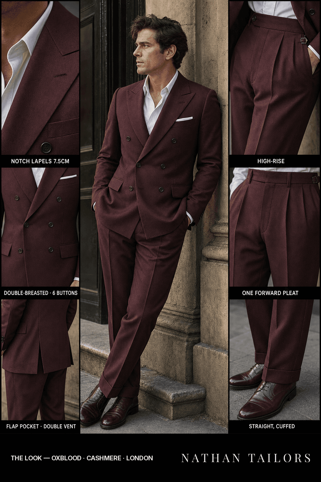 oxblood double-breasted bespoke suit — custom tailored by Nathan Tailors, the Hoi An custom tailor