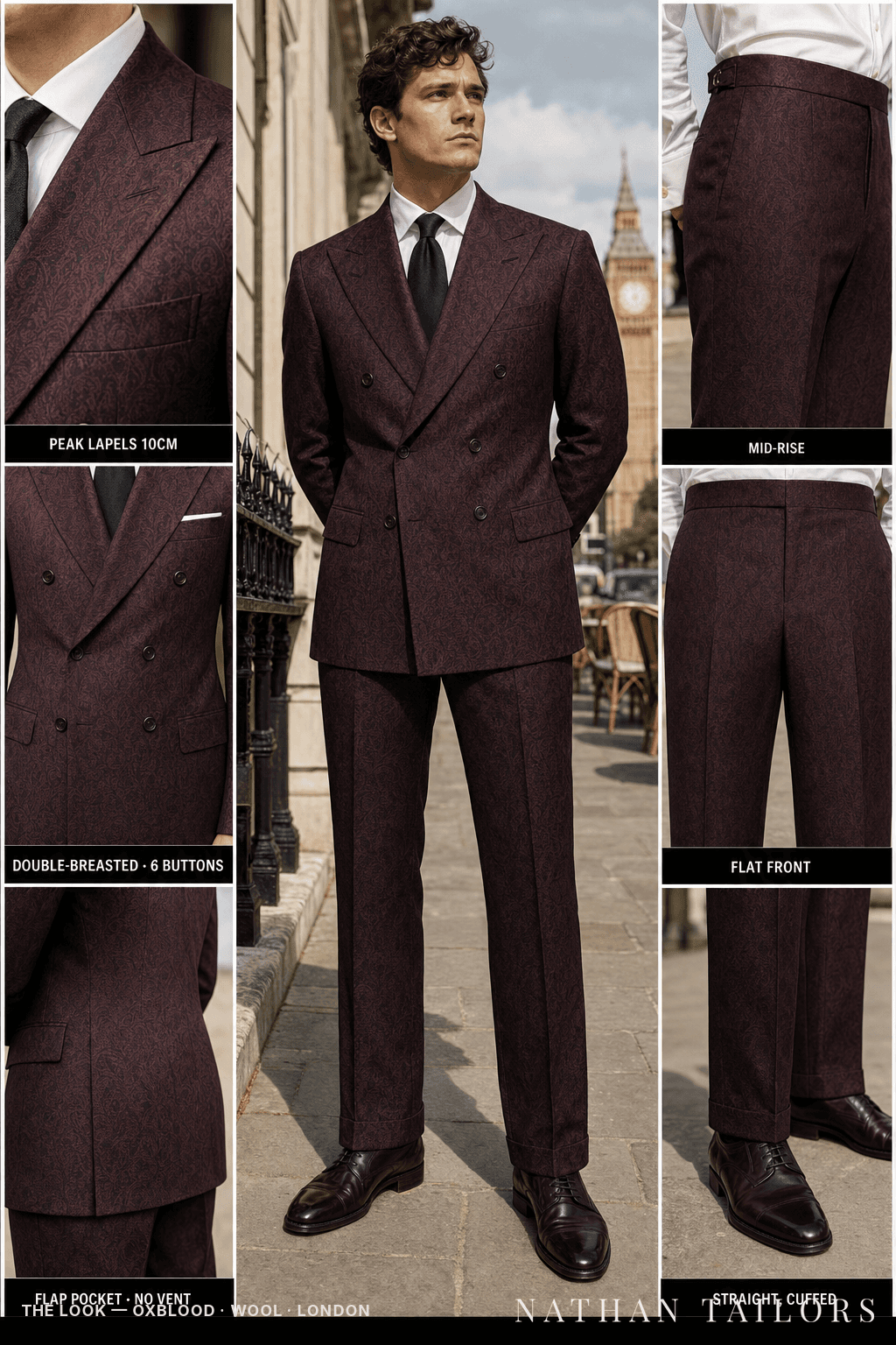 oxblood double-breasted bespoke suit — custom tailored by Nathan Tailors, the Hoi An custom tailor