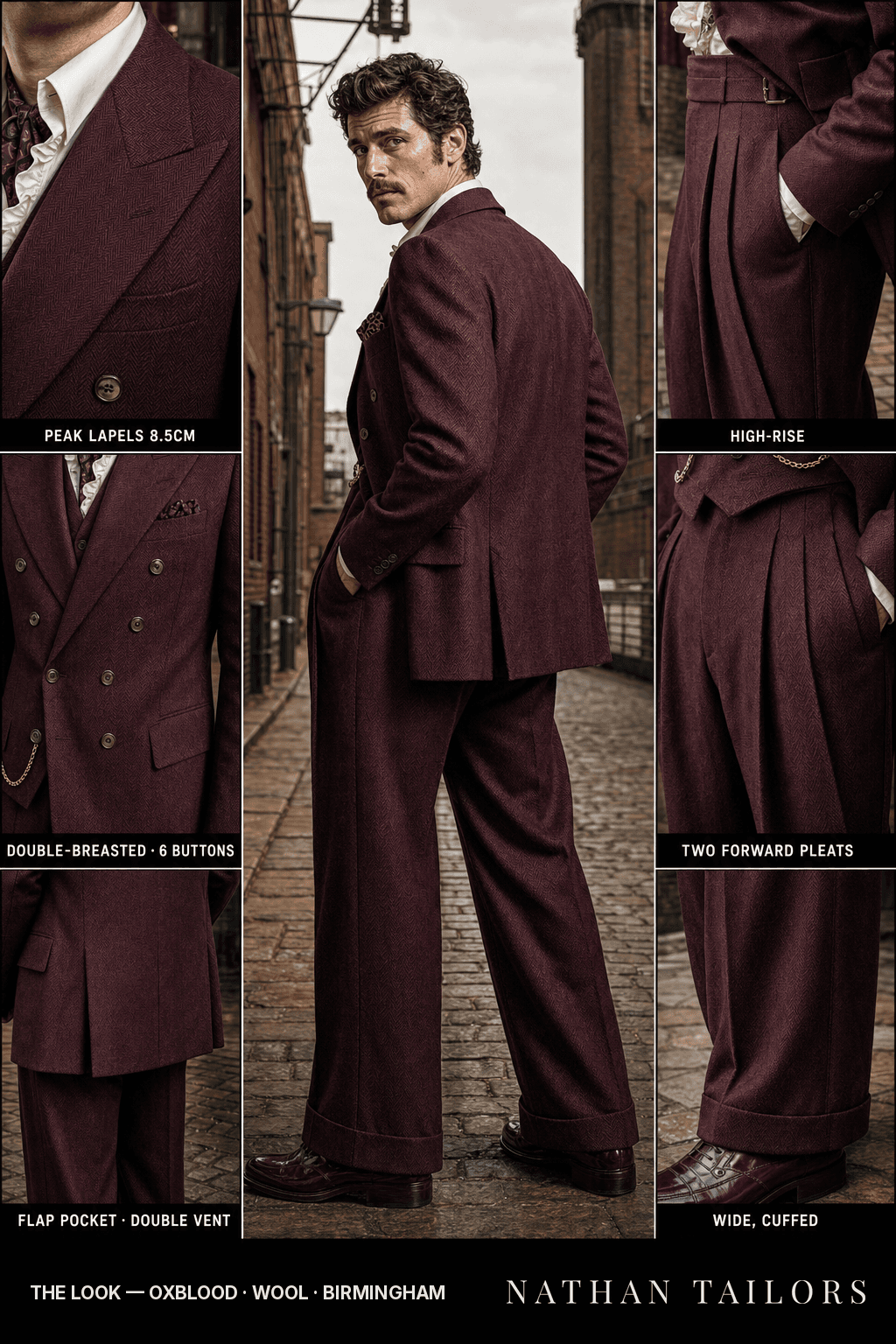 oxblood herringbone double-breasted bespoke suit — custom tailored by Nathan Tailors, the Hoi An custom tailor