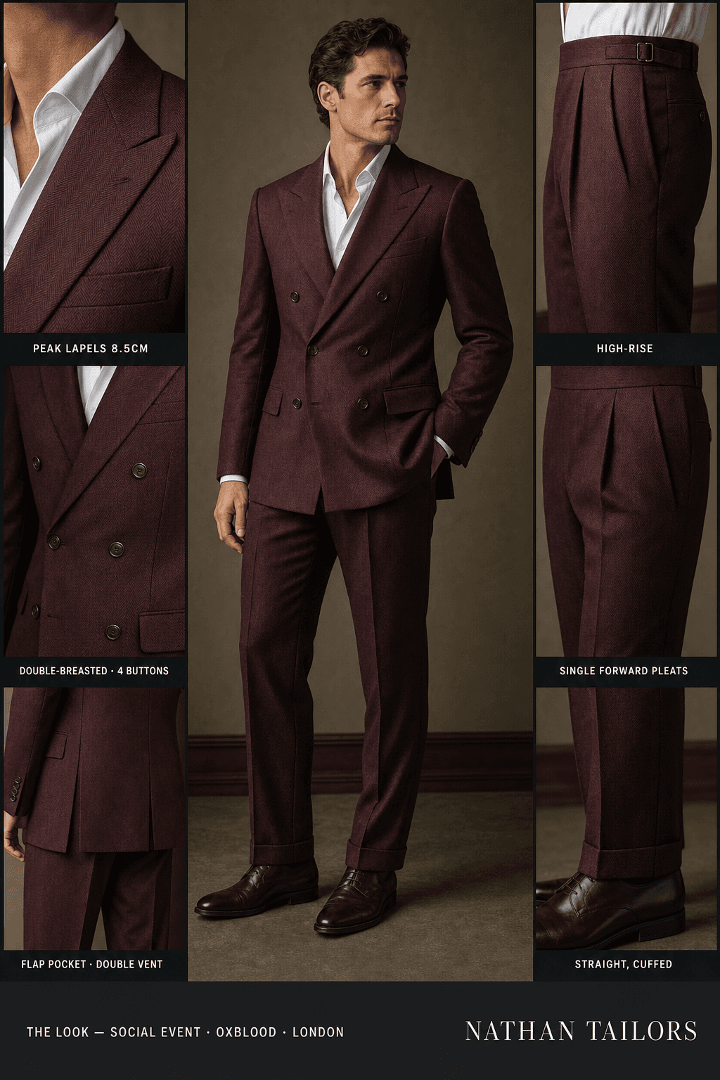 oxblood herringbone double-breasted peak-lapel bespoke suit — AI-rendered by Nathan Tailors, the Hoi An custom tailor. Available as a custom tailored suit from $129.