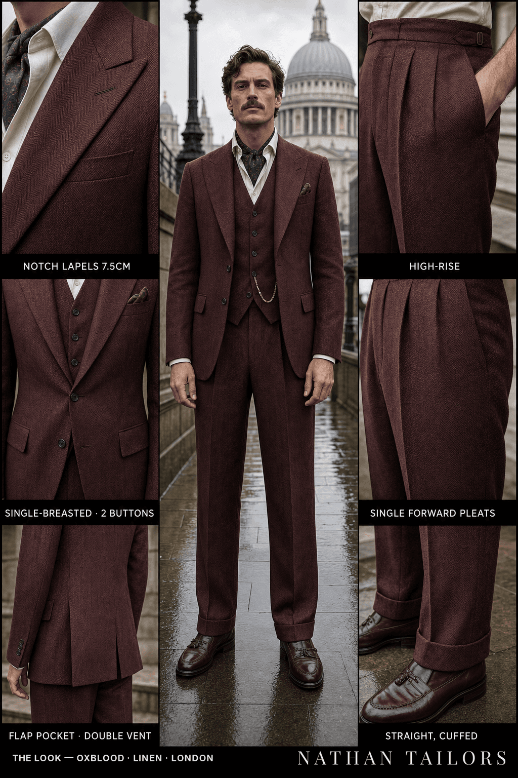 oxblood herringbone single-breasted bespoke suit — custom tailored by Nathan Tailors, the Hoi An custom tailor