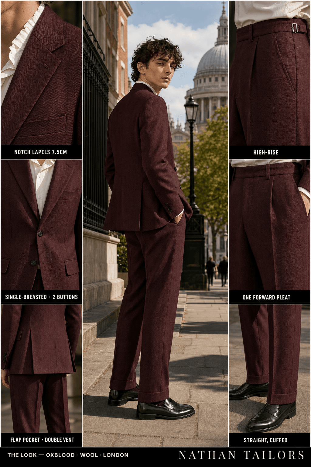 oxblood herringbone single-breasted bespoke suit — custom tailored by Nathan Tailors, the Hoi An custom tailor