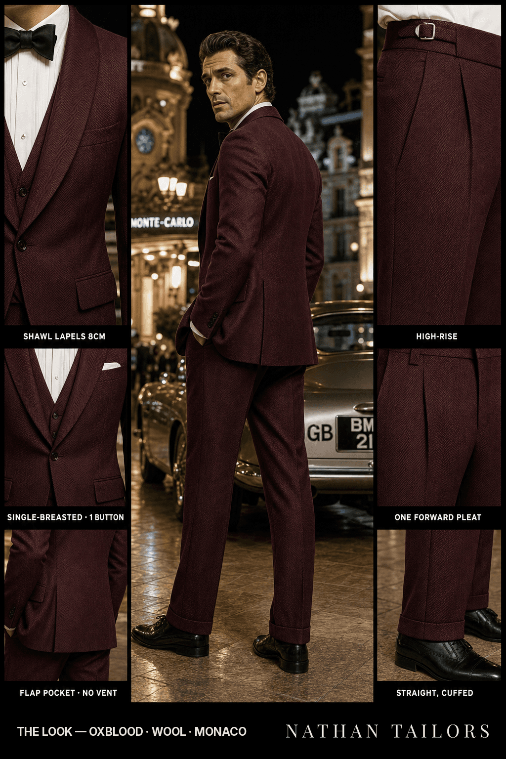 oxblood herringbone single-breasted shawl-lapel bespoke suit — AI-rendered by Nathan Tailors, the Hoi An custom tailor. Available as a custom tailored suit from $149.