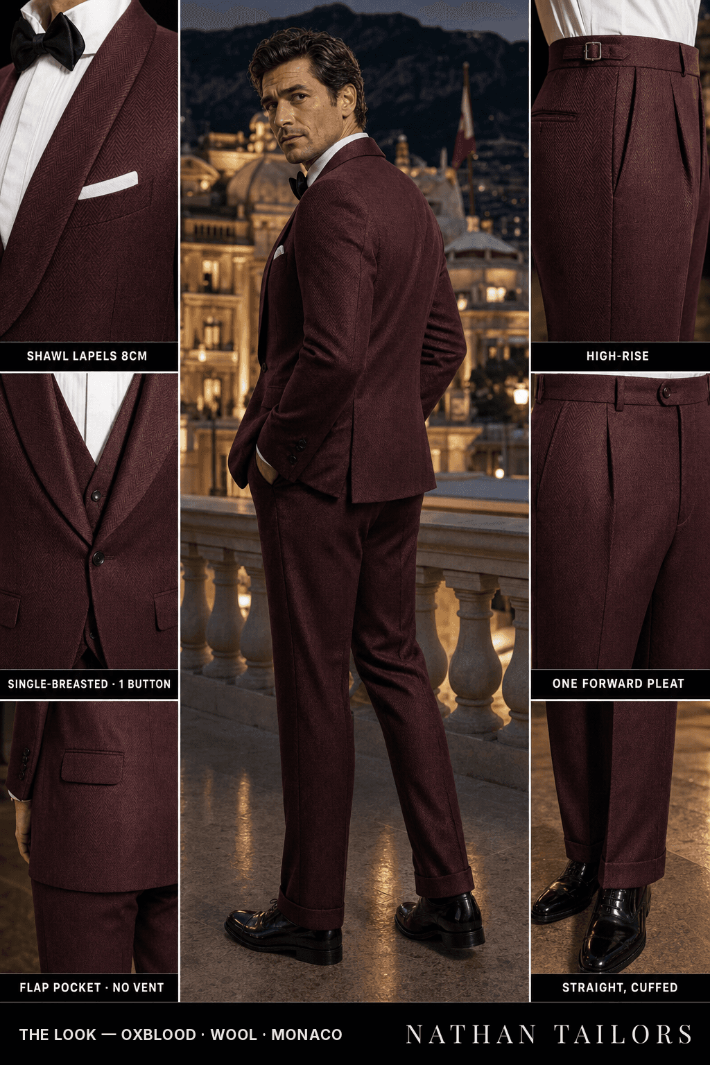 oxblood herringbone single-breasted bespoke suit — custom tailored by Nathan Tailors, the Hoi An custom tailor