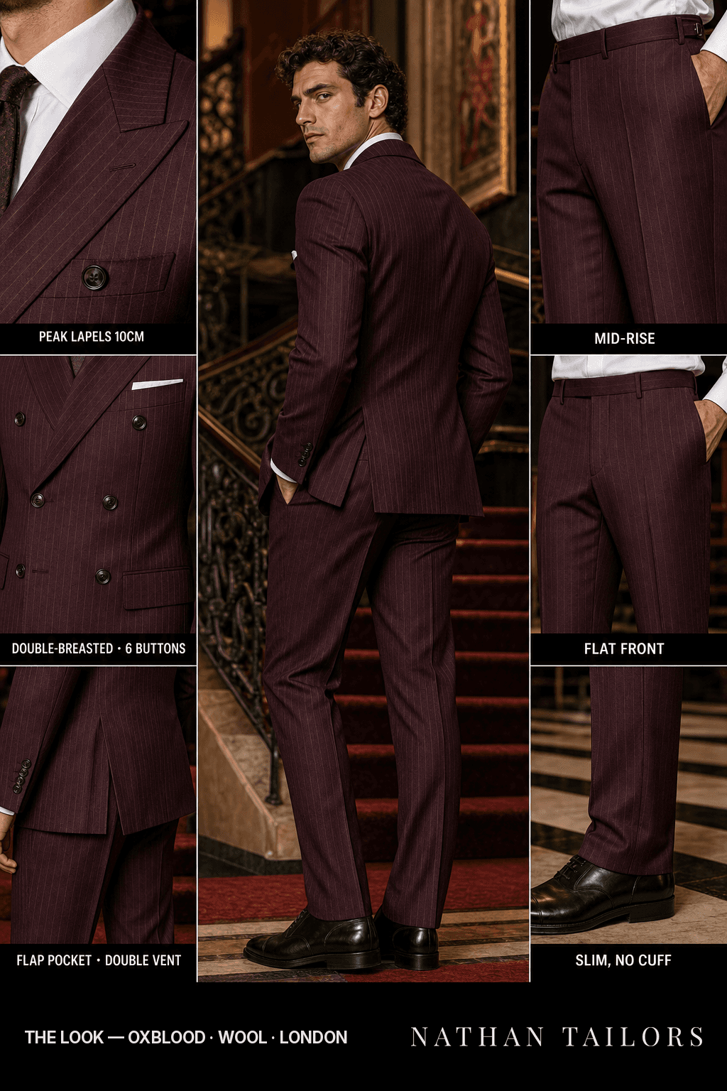 oxblood pinstripe double-breasted bespoke suit — custom tailored by Nathan Tailors, the Hoi An custom tailor