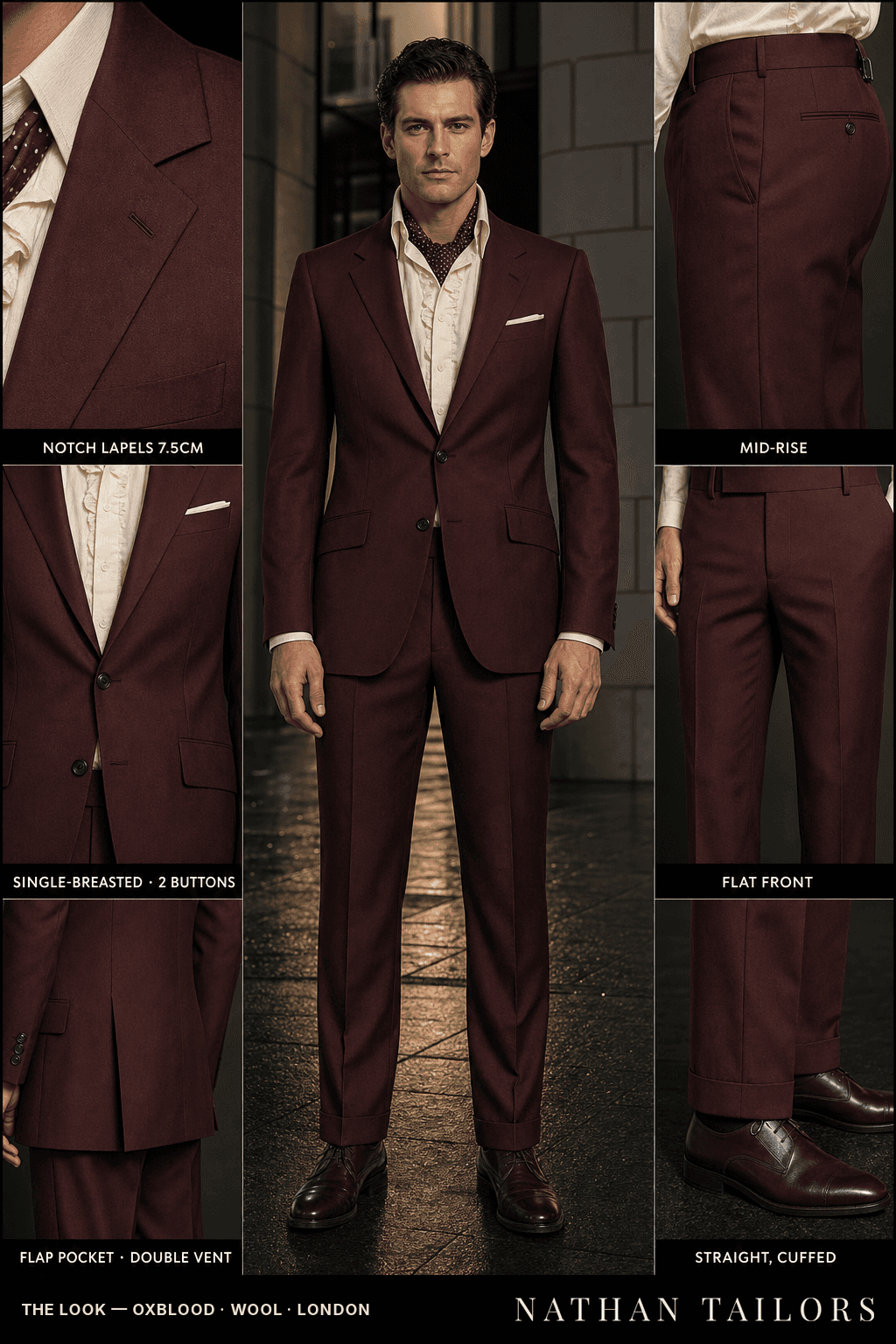 oxblood single-breasted bespoke suit — custom tailored by Nathan Tailors, the Hoi An custom tailor