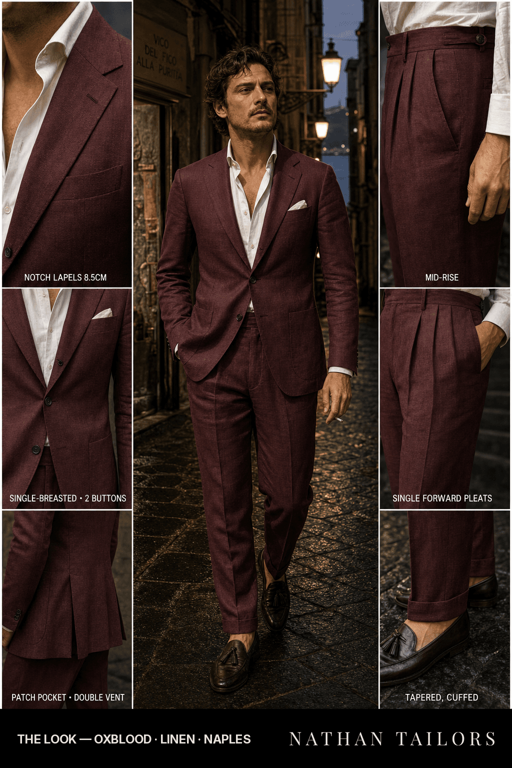 oxblood single-breasted notch-lapel bespoke suit — AI-rendered by Nathan Tailors, the Hoi An custom tailor. Available as a custom tailored suit from $149.