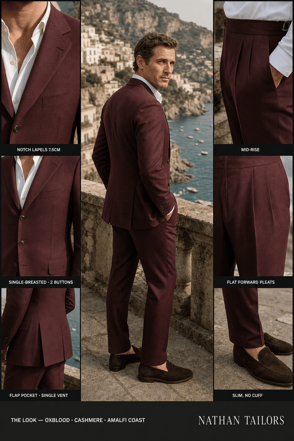 oxblood single-breasted notch-lapel bespoke suit — AI-rendered by Nathan Tailors, the Hoi An custom tailor. Available as a custom tailored suit from $149.