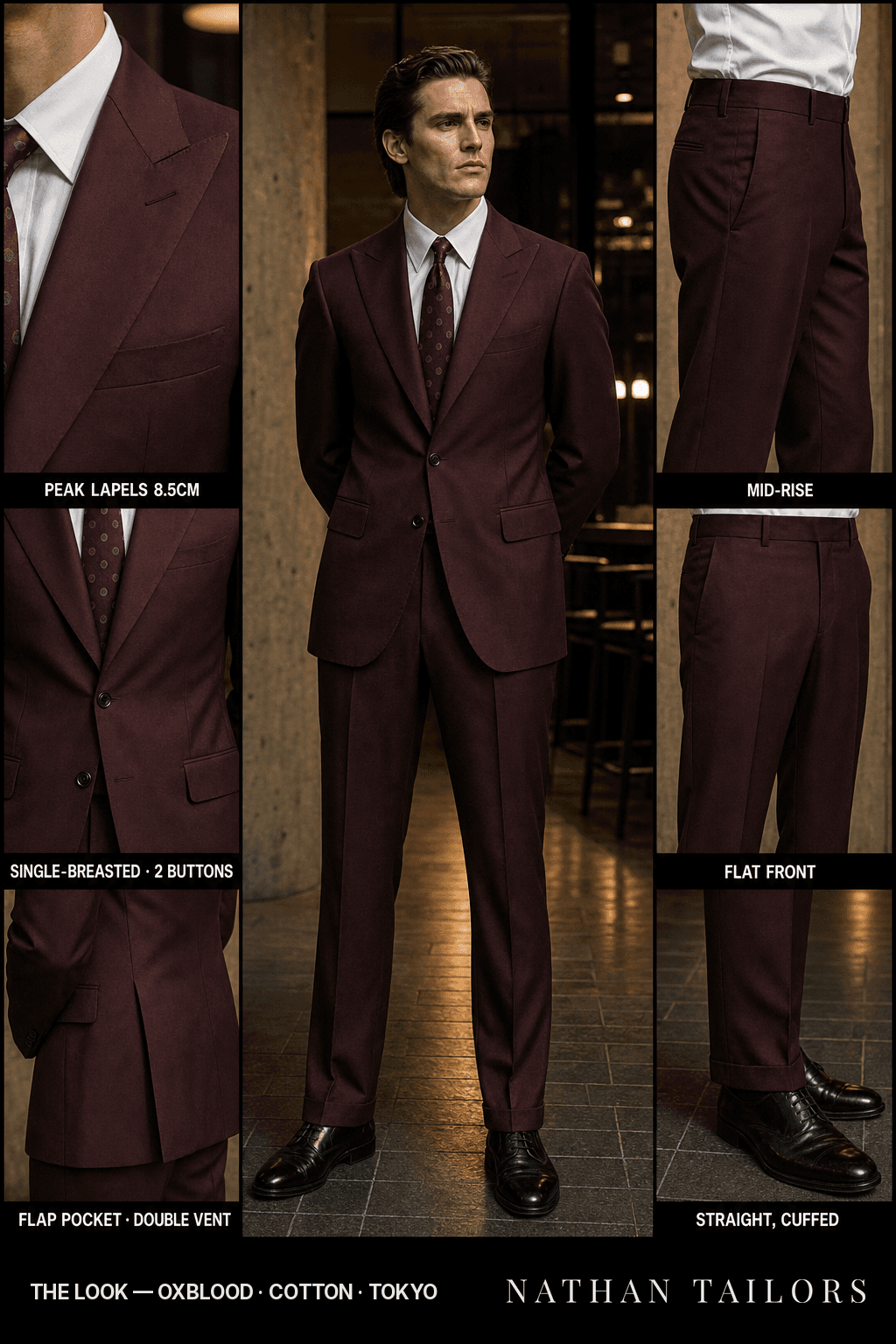 oxblood single-breasted bespoke suit — custom tailored by Nathan Tailors, the Hoi An custom tailor