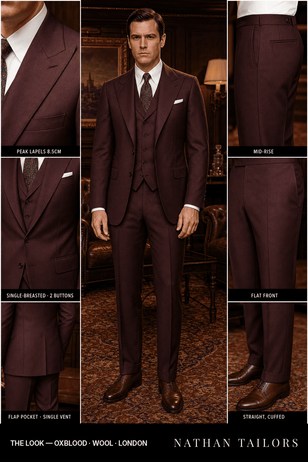 oxblood single-breasted peak-lapel bespoke suit — AI-rendered by Nathan Tailors, the Hoi An custom tailor. Available as a custom tailored suit from $149.