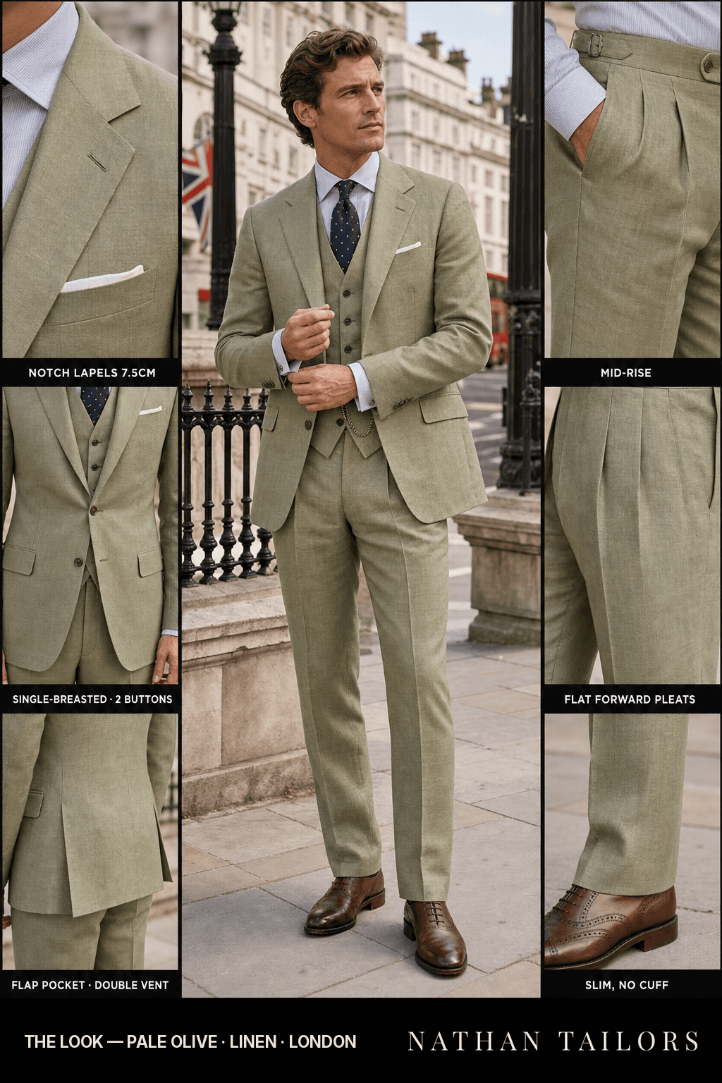 pale olive single-breasted bespoke suit — custom tailored by Nathan Tailors, the Hoi An custom tailor