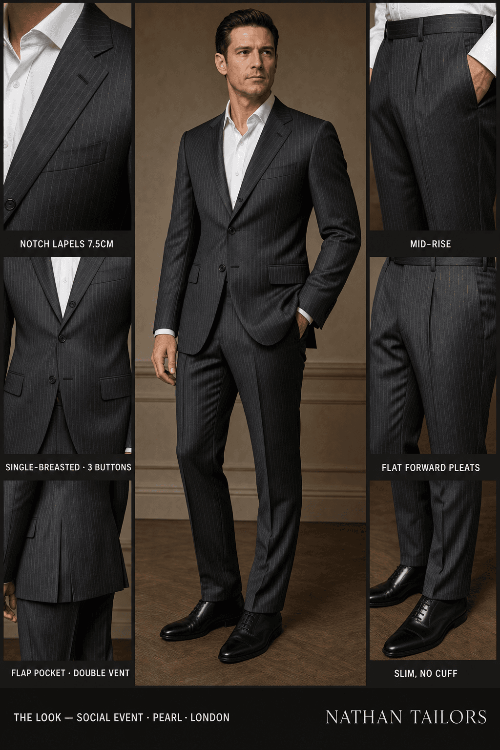 pearl chalk stripe single-breasted notch-lapel bespoke suit — AI-rendered by Nathan Tailors, the Hoi An custom tailor. Available as a custom tailored suit from $129.