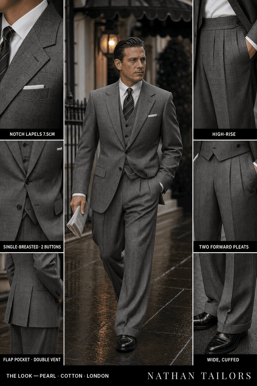 pearl glen plaid single-breasted notch-lapel bespoke suit — AI-rendered by Nathan Tailors, the Hoi An custom tailor. Available as a custom tailored suit from $149.