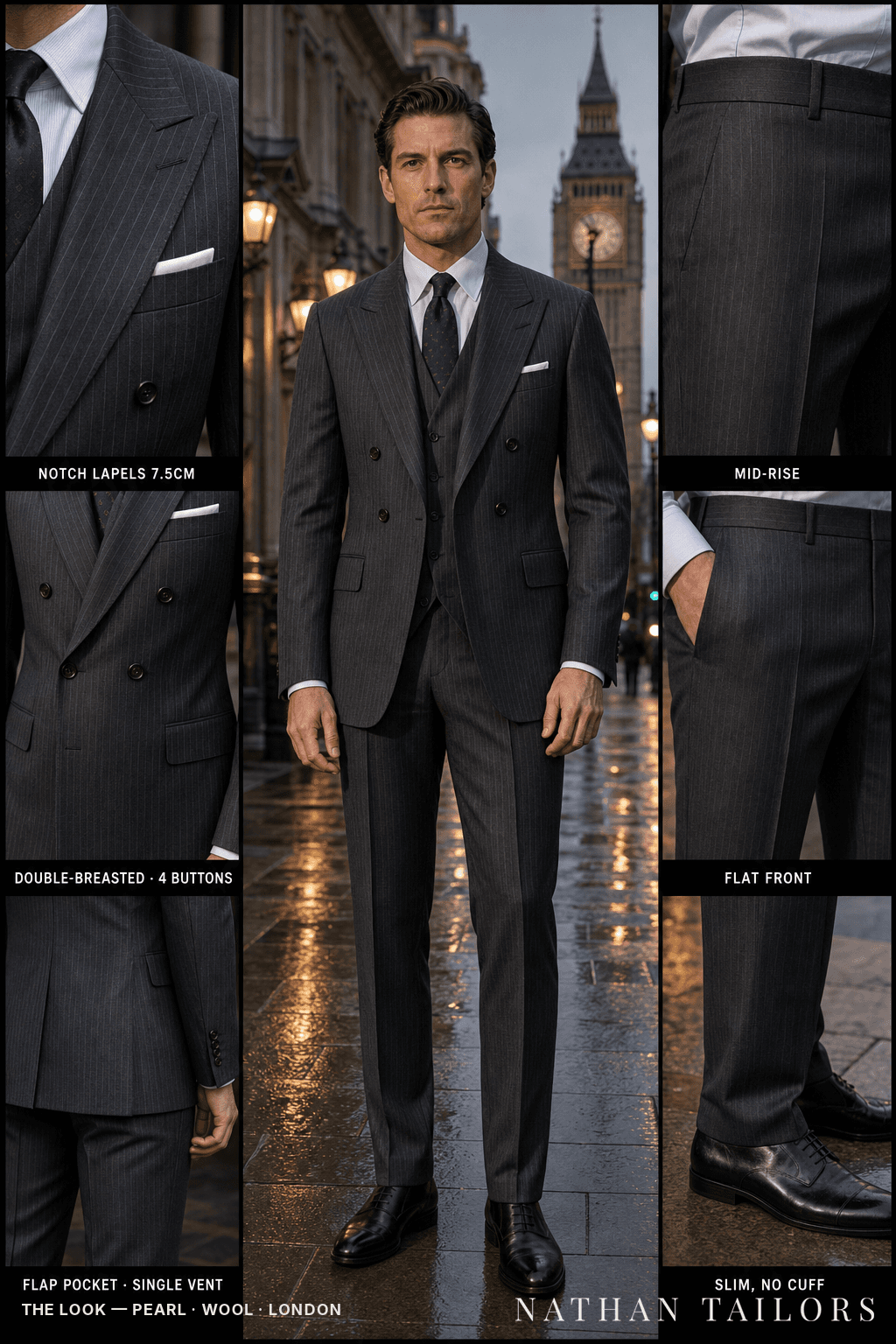 pearl pinstripe double-breasted bespoke suit — custom tailored by Nathan Tailors, the Hoi An custom tailor