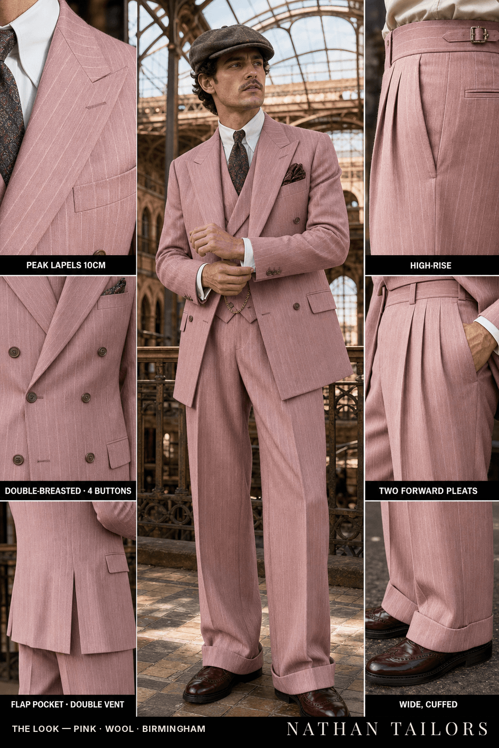 pink pinstripe double-breasted bespoke suit — custom tailored by Nathan Tailors, the Hoi An custom tailor