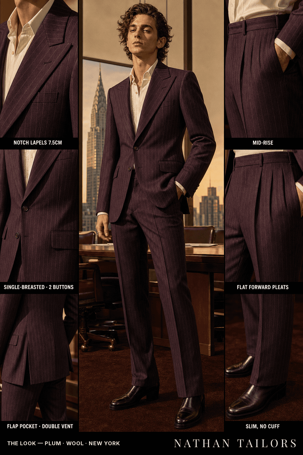 plum chalk stripe single-breasted notch-lapel bespoke suit — AI-rendered by Nathan Tailors, the Hoi An custom tailor. Available as a custom tailored suit from $149.