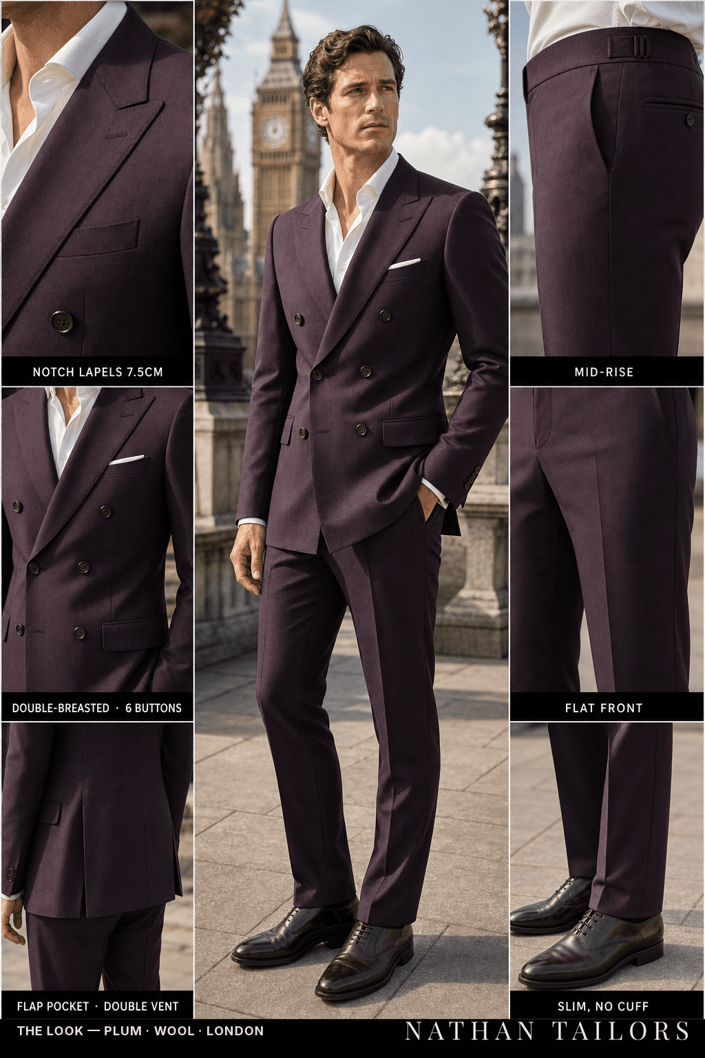 plum double-breasted bespoke suit — custom tailored by Nathan Tailors, the Hoi An custom tailor