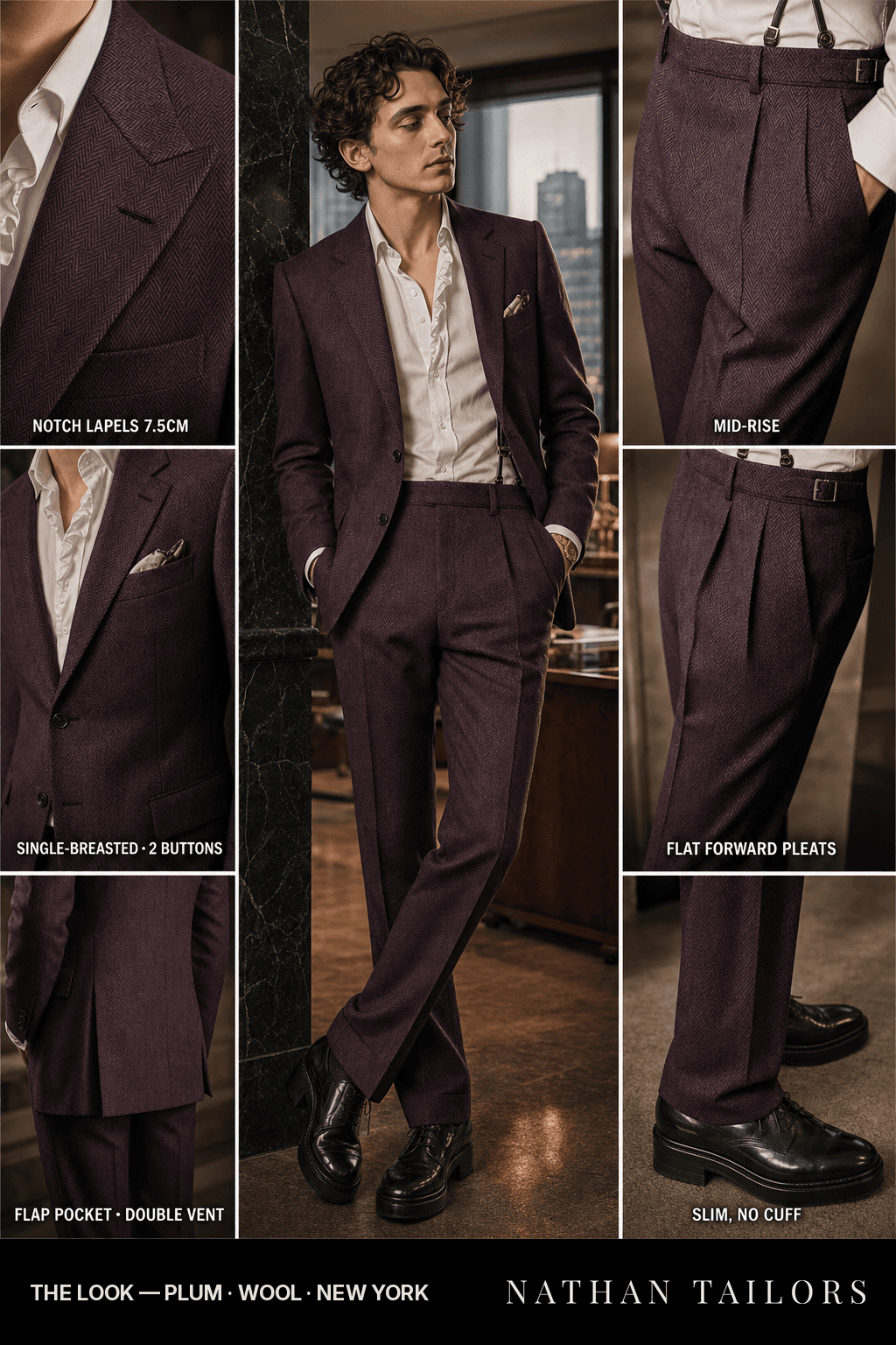plum herringbone single-breasted notch-lapel bespoke suit — AI-rendered by Nathan Tailors, the Hoi An custom tailor. Available as a custom tailored suit from $149.