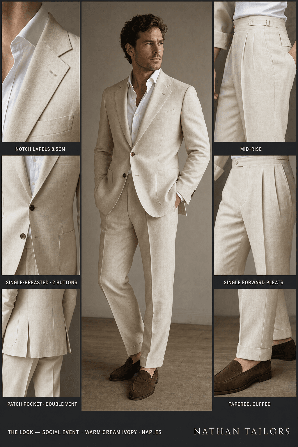 warm cream ivory single-breasted notch-lapel bespoke suit — AI-rendered by Nathan Tailors, the Hoi An custom tailor. Available as a custom tailored suit from $129.