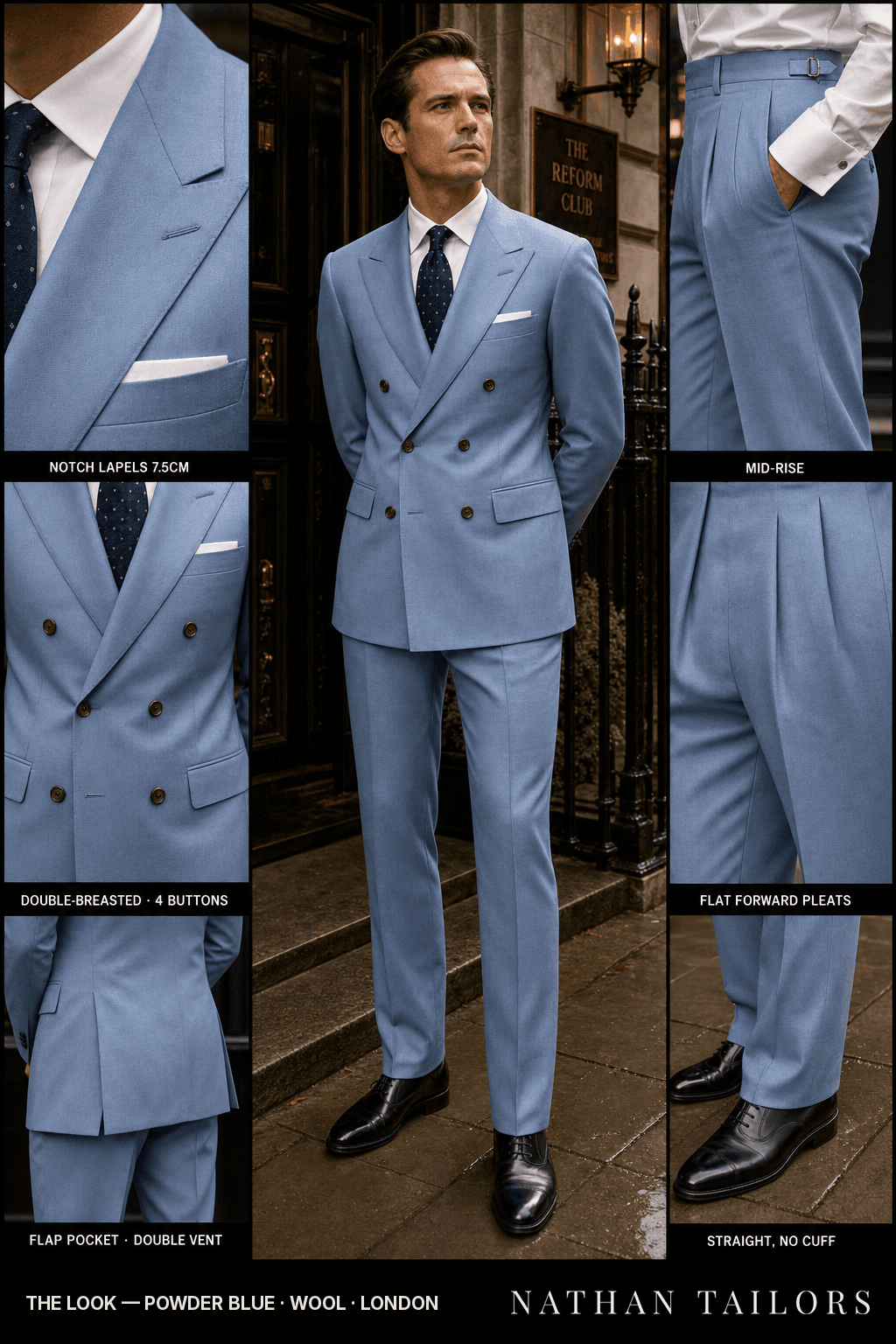 powder blue double-breasted bespoke suit — custom tailored by Nathan Tailors, the Hoi An custom tailor