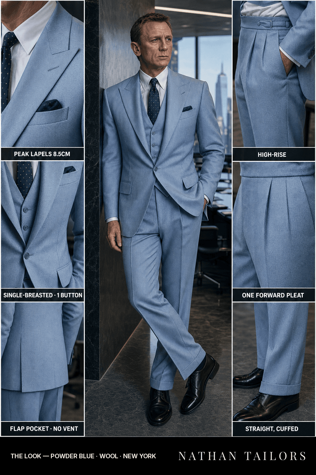 powder blue herringbone single-breasted bespoke suit — custom tailored by Nathan Tailors, the Hoi An custom tailor