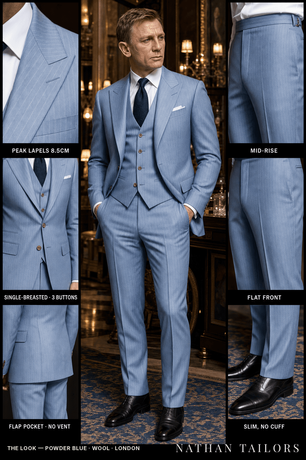 powder blue pinstripe single-breasted bespoke suit — custom tailored by Nathan Tailors, the Hoi An custom tailor