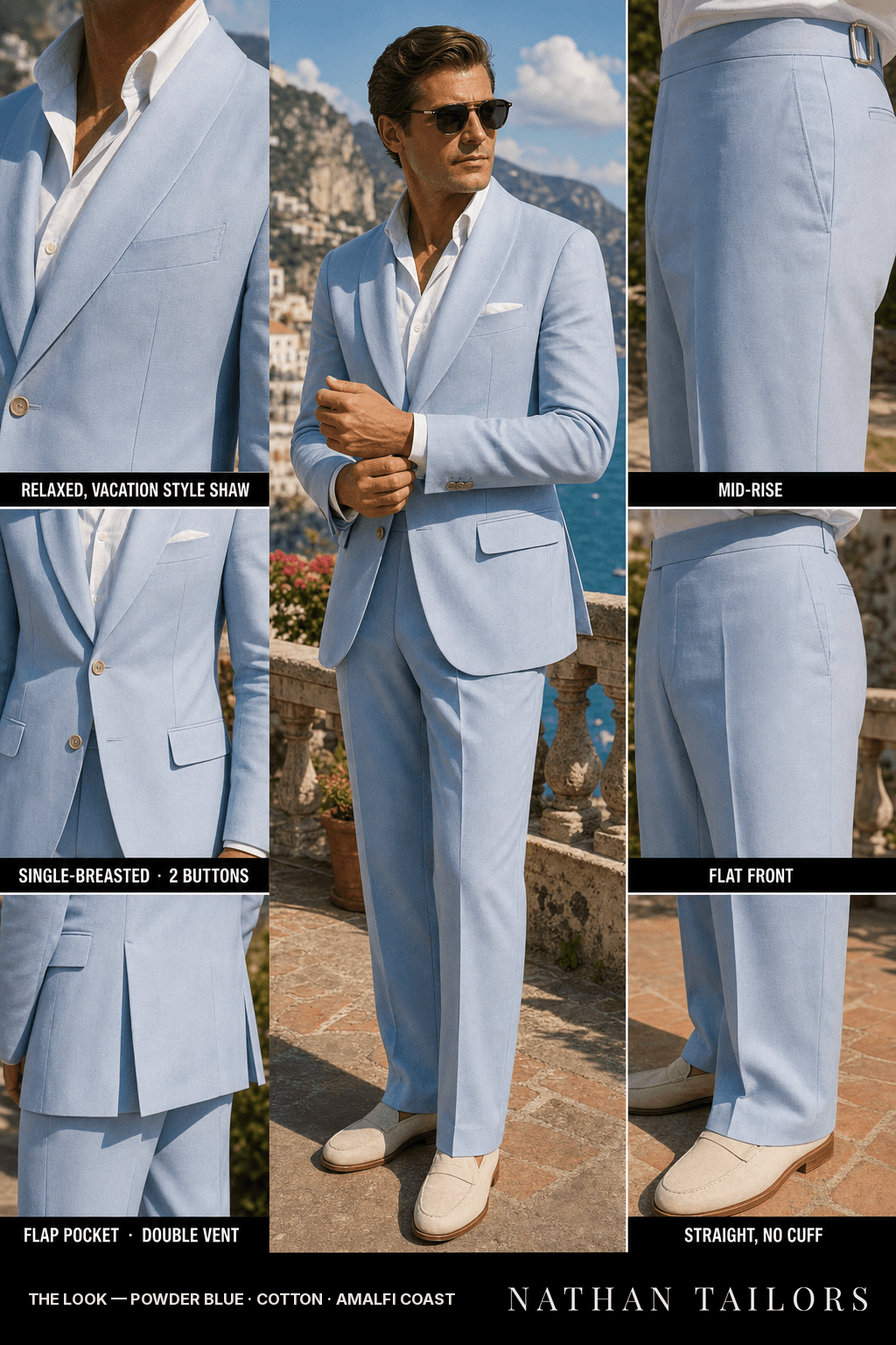 powder blue single-breasted bespoke suit — custom tailored by Nathan Tailors, the Hoi An custom tailor