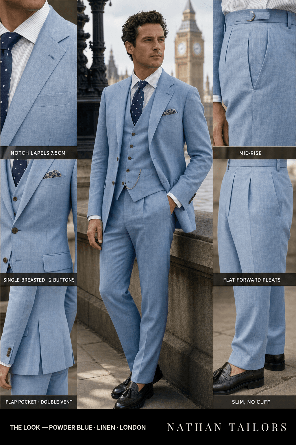 powder blue single-breasted notch-lapel bespoke suit — AI-rendered by Nathan Tailors, the Hoi An custom tailor. Available as a custom tailored suit from $149.