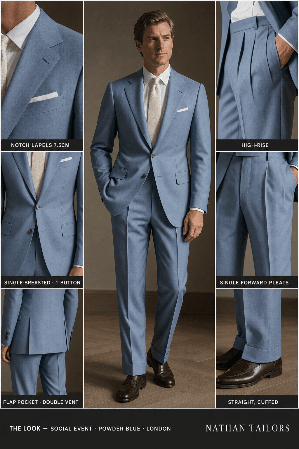 powder blue single-breasted bespoke suit — custom tailored by Nathan Tailors, the Hoi An custom tailor