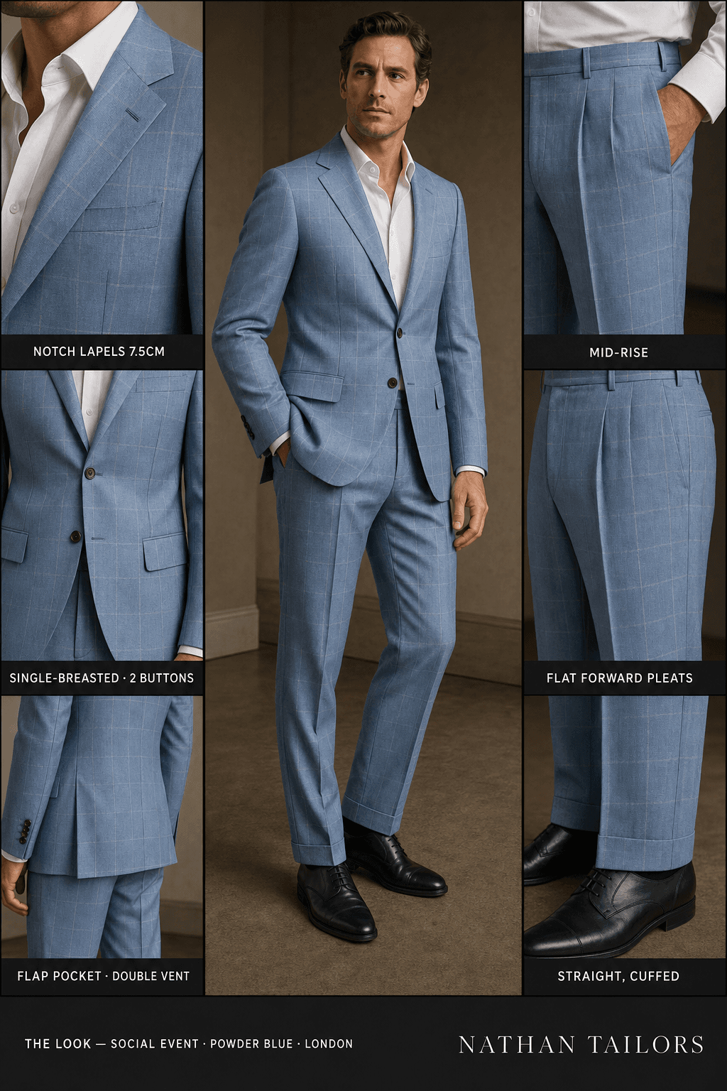 powder blue windowpane single-breasted bespoke suit — custom tailored by Nathan Tailors, the Hoi An custom tailor