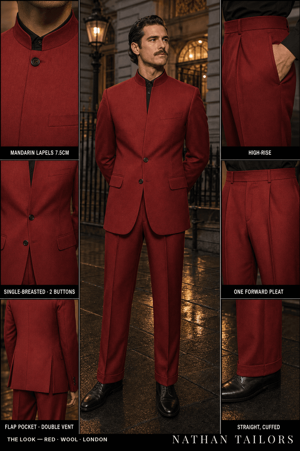 red single-breasted mandarin-lapel bespoke suit — AI-rendered by Nathan Tailors, the Hoi An custom tailor. Available as a custom tailored suit from $149.